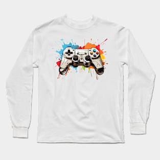 Retro game controller with painting splashes, gamer design Long Sleeve T-Shirt